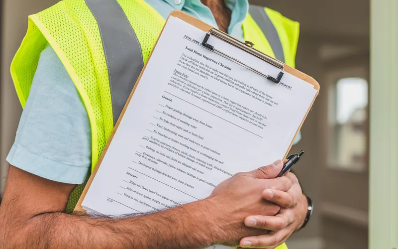 Nahaufnahme einer Hand, die eine Checkliste auf einem Klemmbrett mit einem Stift ausfüllt
