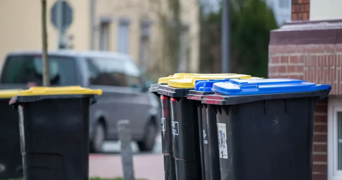 Reihe schwarzer Mülltonnen mit gelben und blauen Deckeln vor einem Wohnhaus
